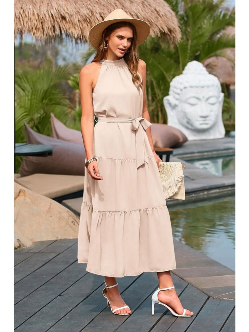 Women's Solid Beige Sleeveless Halter Neck High Waist Backless Maxi Dress - Picture 3 of 6